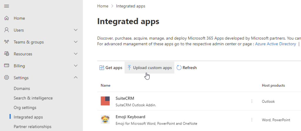 Location of the Upload custom apps button in Office 365.
