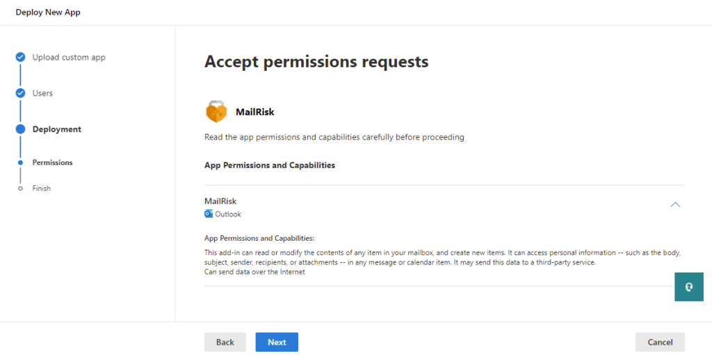 Screenshot of the app permissions request.